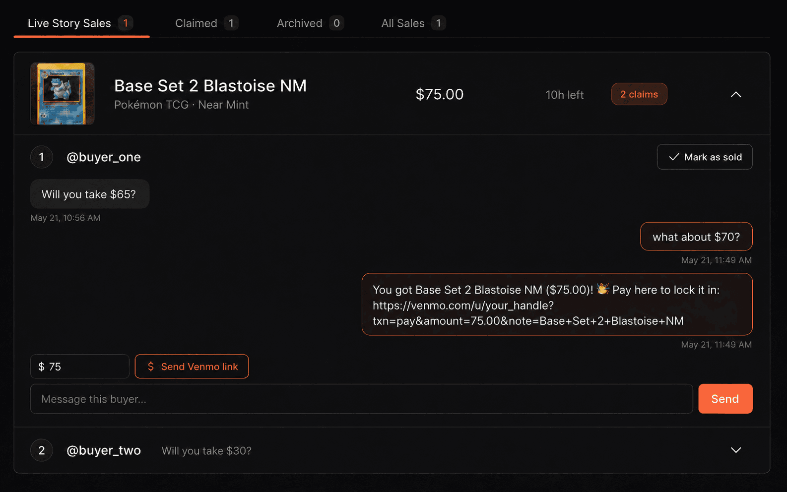 A live ClaimDrop story sale: a detected card with two buyer claims, the conversation thread, and a one-tap Venmo link.